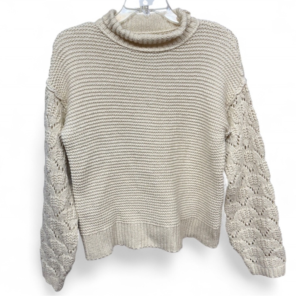 Universal Thread Cream Mock Neck Sweater with Pointelle Balloon Sleeves, Size XS - Picture 2 of 6